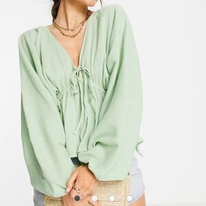 ASOS Natural Crinkle Top Boho Linen Blend Blouse 🌿✨